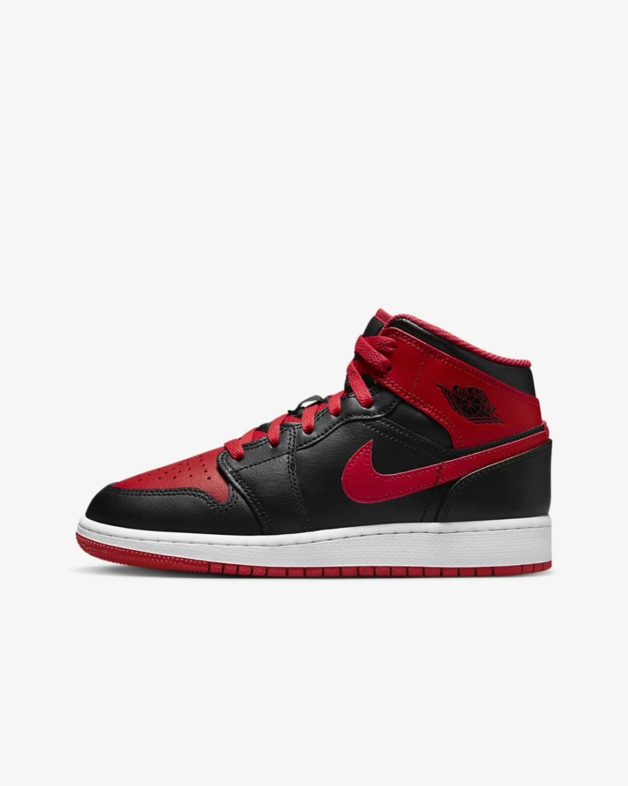 Nike Air Jordan 1 Mid Big Kids' Shoes - Black/White/Fire Red for Boys & Girls
