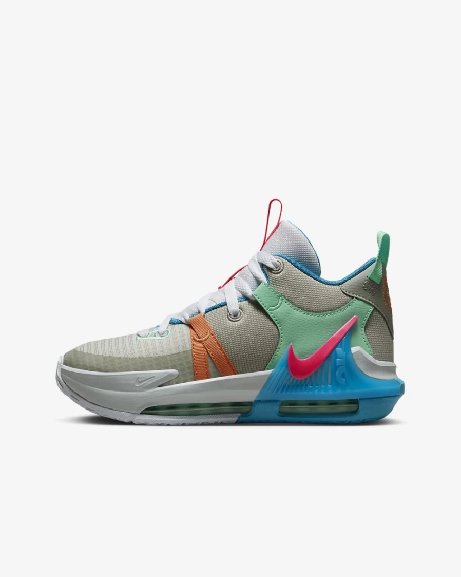 Nike LeBron Witness 7 Basketball Shoes for Kids - Grey Fog/Cobblestone/Laser Blue/Hyper Pink - Boys & Girls